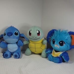 Plush Toy Lot - Blue Stitch, Green Squirtle, Blue Furry Character